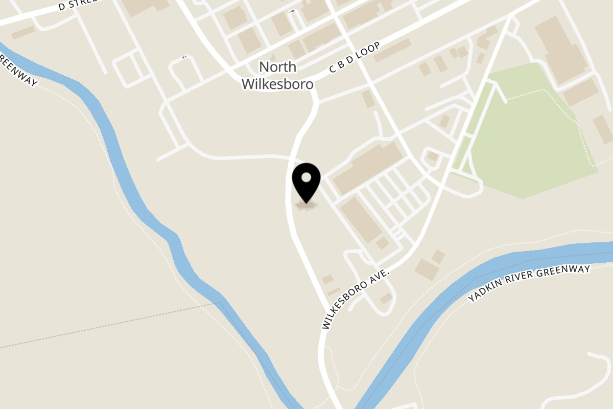 Map showing the location of Brushy Mountain Smokehouse and Creamery on 201 Wilkesboro Blvd in North Wilkesboro